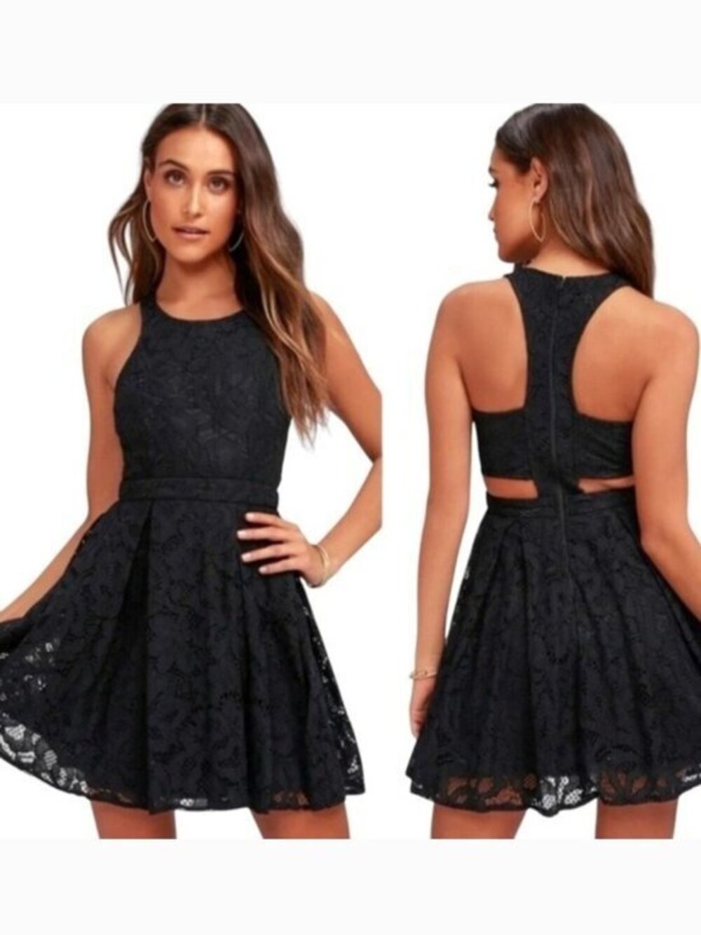 Lulus Black‎ Lace Cut-Out Racerback Pleated Daisy Date A-Line Mini Dress- Small